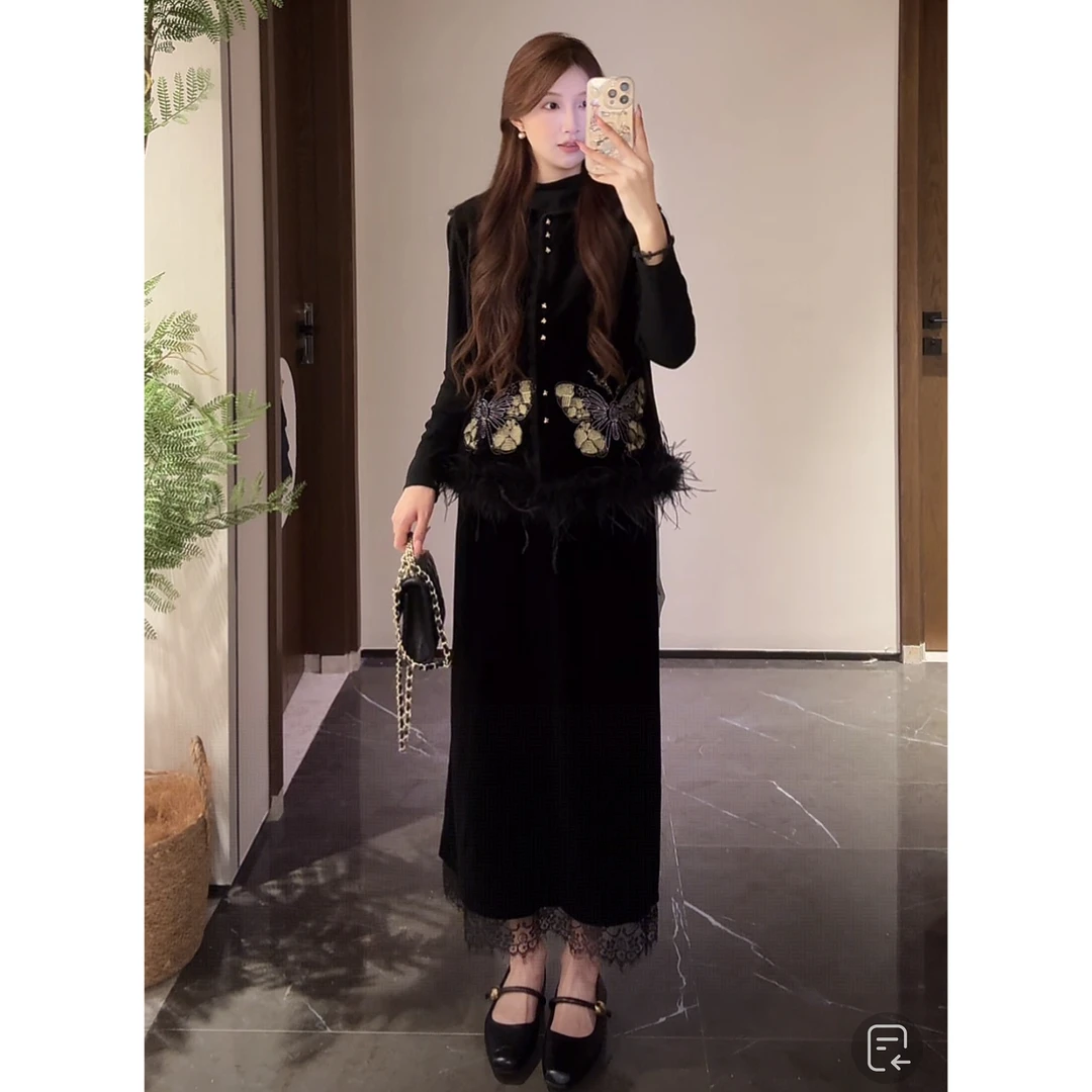 【蝶梦】千金风蝴蝶鸵鸟毛秋季新中式短外套秋春秋女装洋气三件套