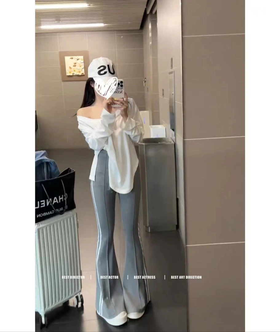 慵懒风宽松休闲长袖t恤春夏薄款防晒衫白色上衣+高腰百搭微喇裤