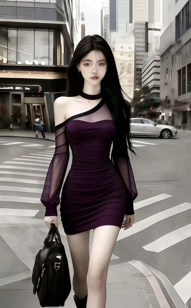 2026春季新款辣妹风紫色斜领露肩透视网纱修身褶皱包臀连衣裙女