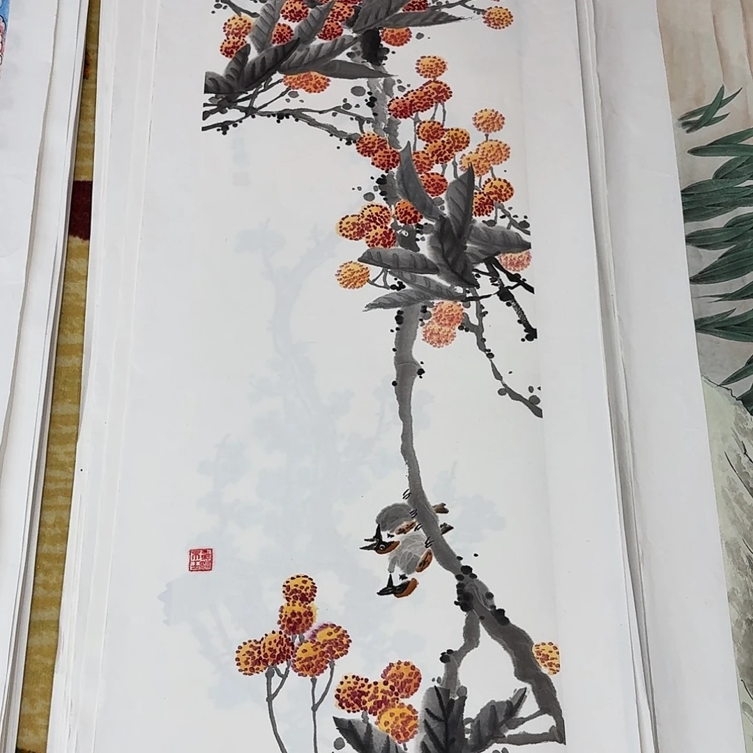 国画四尺对开花鸟