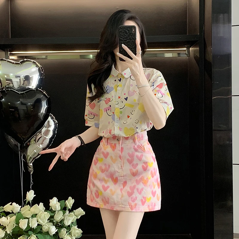 小个子穿搭女夏季时尚减龄洋气短袖衬衫爱心牛仔上衣搭配半身裙