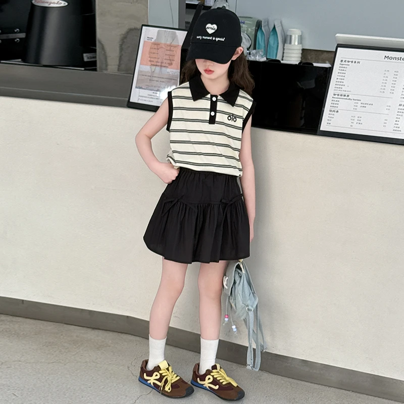 女童夏季套装2025新款洋气中大童韩系polo衫无袖上衣夏装儿童短裙