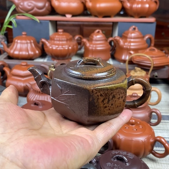 紫砂茶壶六方竹节180cc原矿老紫泥柴烧特价