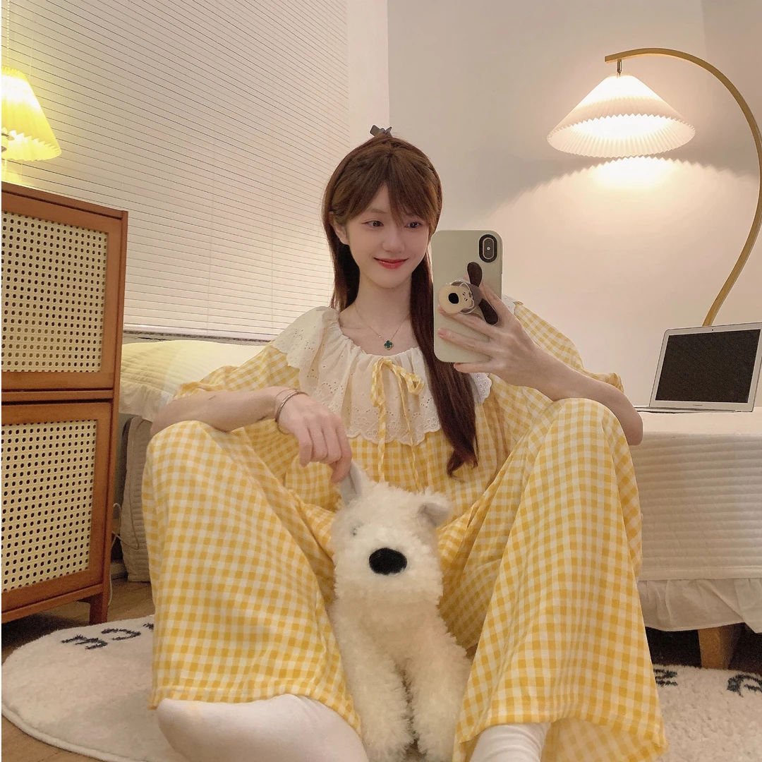 家居服套装格子韩版睡衣皮筋常规夏季宽松家居服黄格套装ins