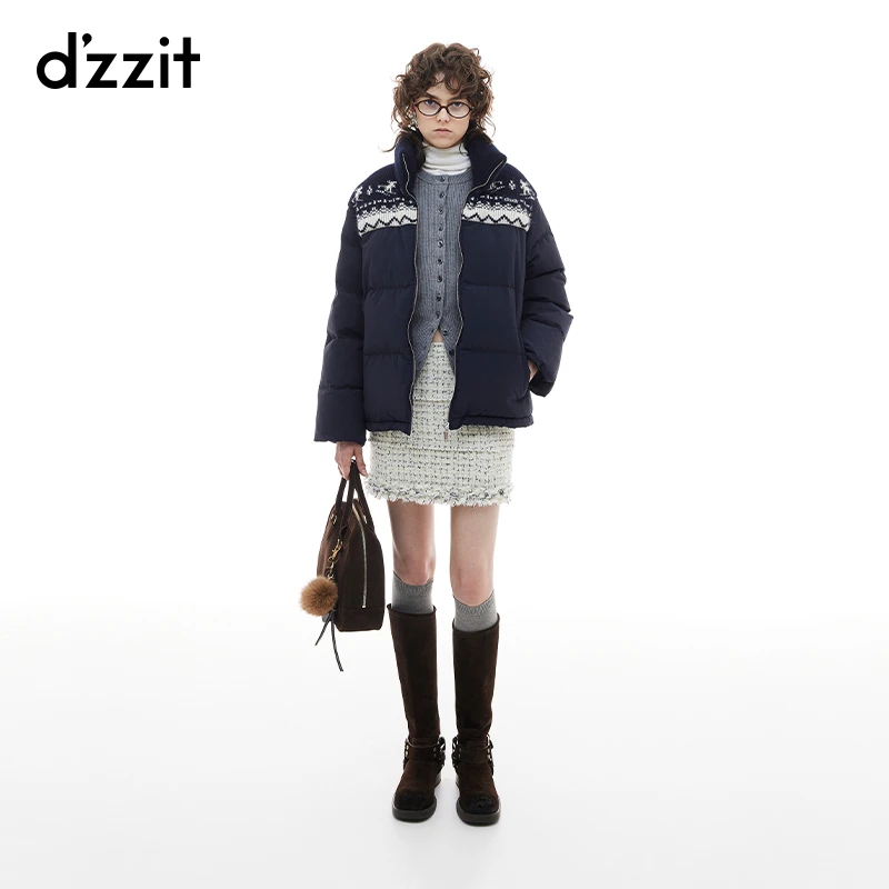 dzzit地素羽绒服冬季时髦费尔岛纹样针织拼接立领外套女3I4K260
