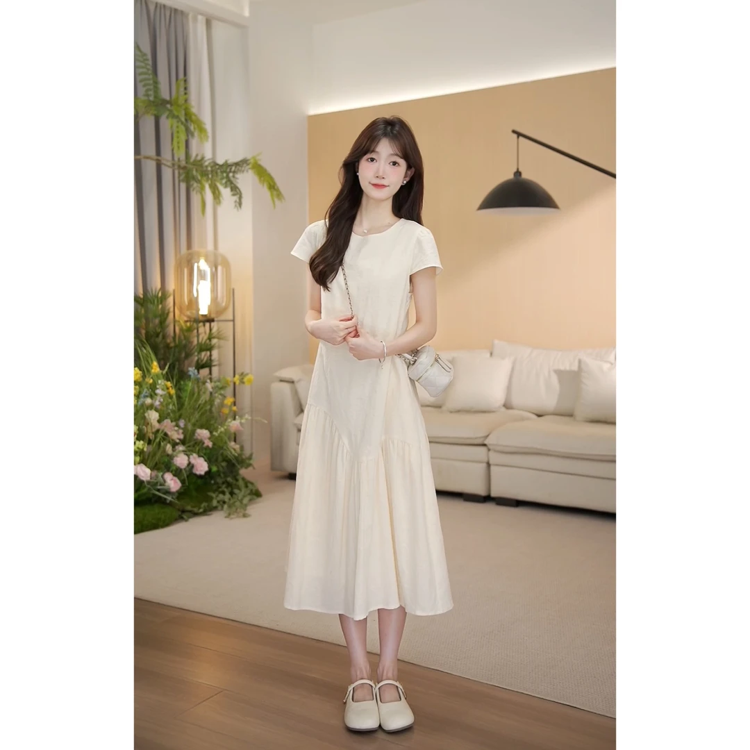 （现货）夏季显瘦法式设计感中长款气质圆领连衣裙-8316