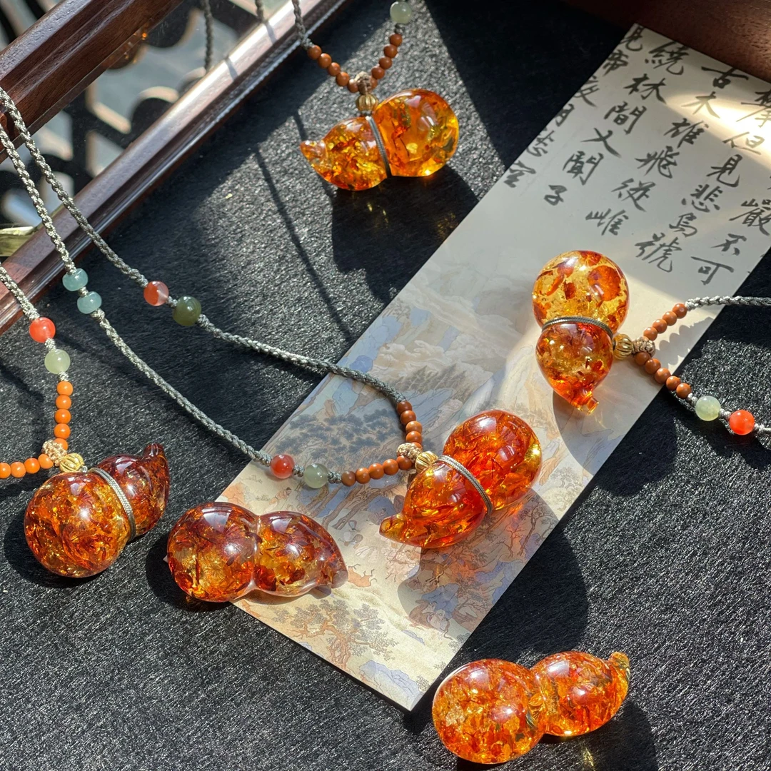 天然原矿花珀立体葫芦吊坠编绳设计款灵动气质百搭（多样性发其一）
