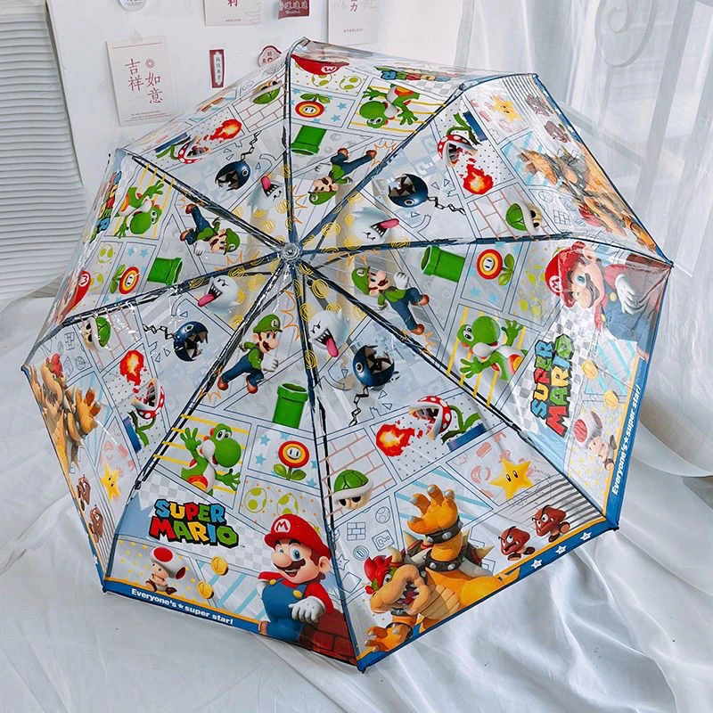 【咕噜】透明超级玛丽雨伞三折伞自动手动长柄伞可爱折叠儿童