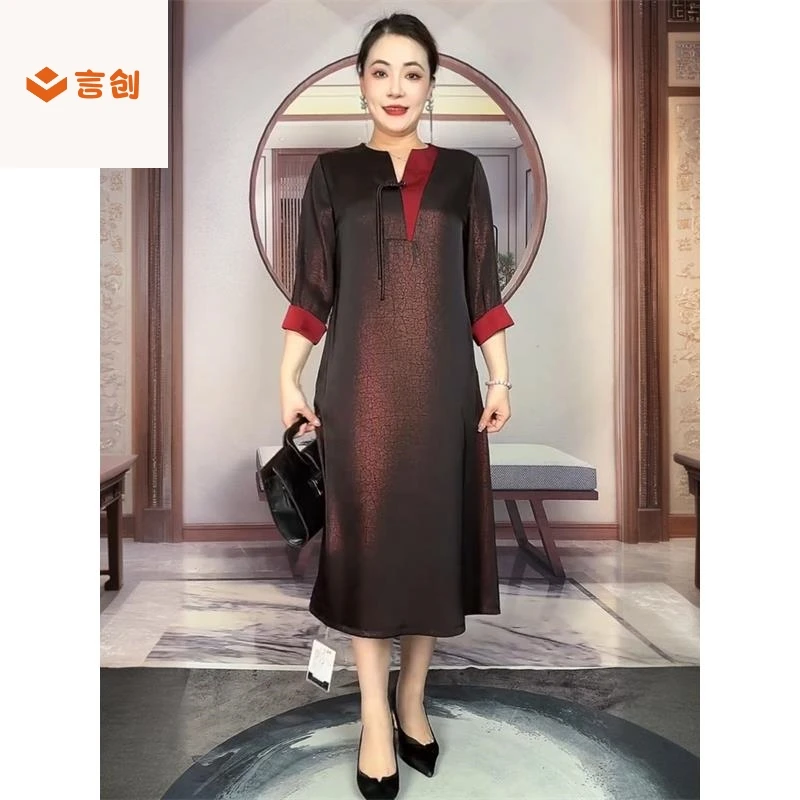 408中年妈妈真丝连衣裙夏季国风短袖v领长款遮肉气质大码过膝长裙