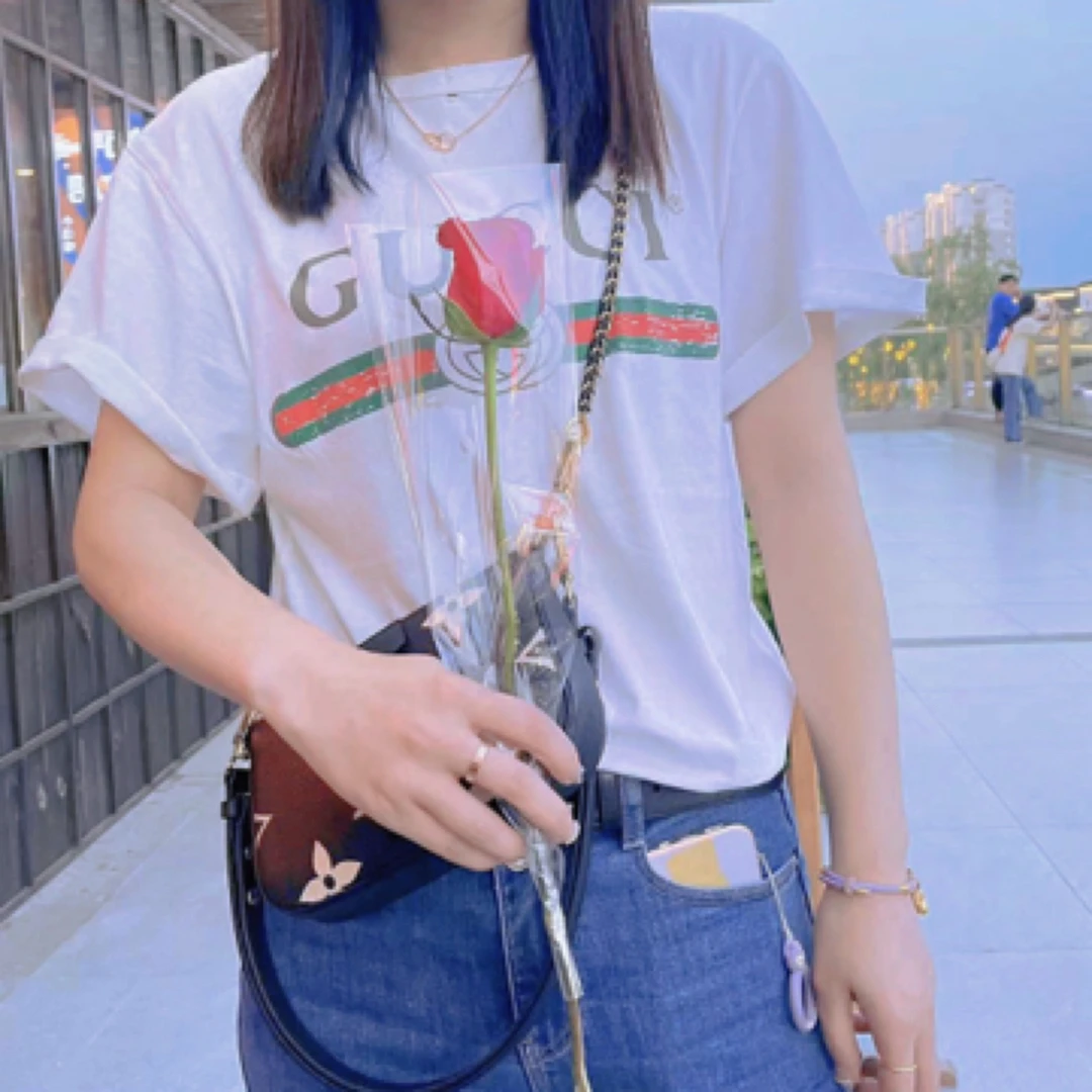 99新 GUCCI/古驰 Logo造型腰带印花做旧风格短袖T恤/XL码/A00340