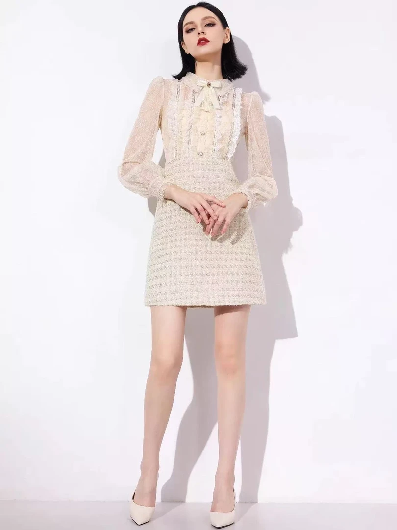 4567杏色名媛气质小香风套装女2025秋新款网纱泡泡袖修身鱼尾裙