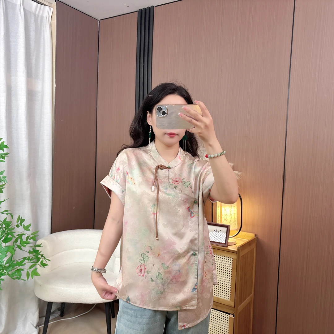 【蓬莱仙境】新中式国风斜襟开襟2025蓬莱仙境香云缎中式短袖上衣女