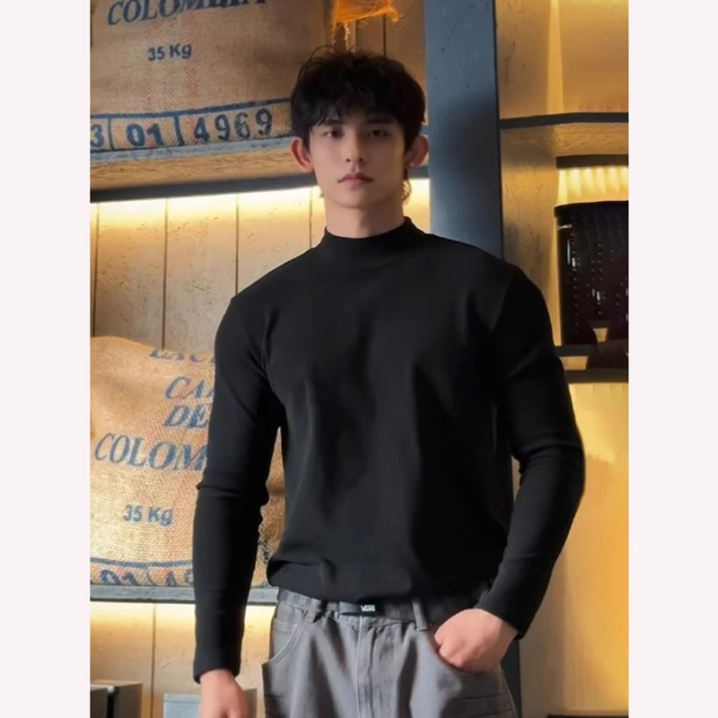 黑色半高领德绒打底衫男秋冬高级感内搭保暖卫衣cleanfit长袖t恤