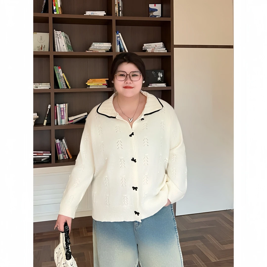 花契“桃子冰沙”大码女装冬季百搭200斤胖mm时尚柔软针织衫14933-X