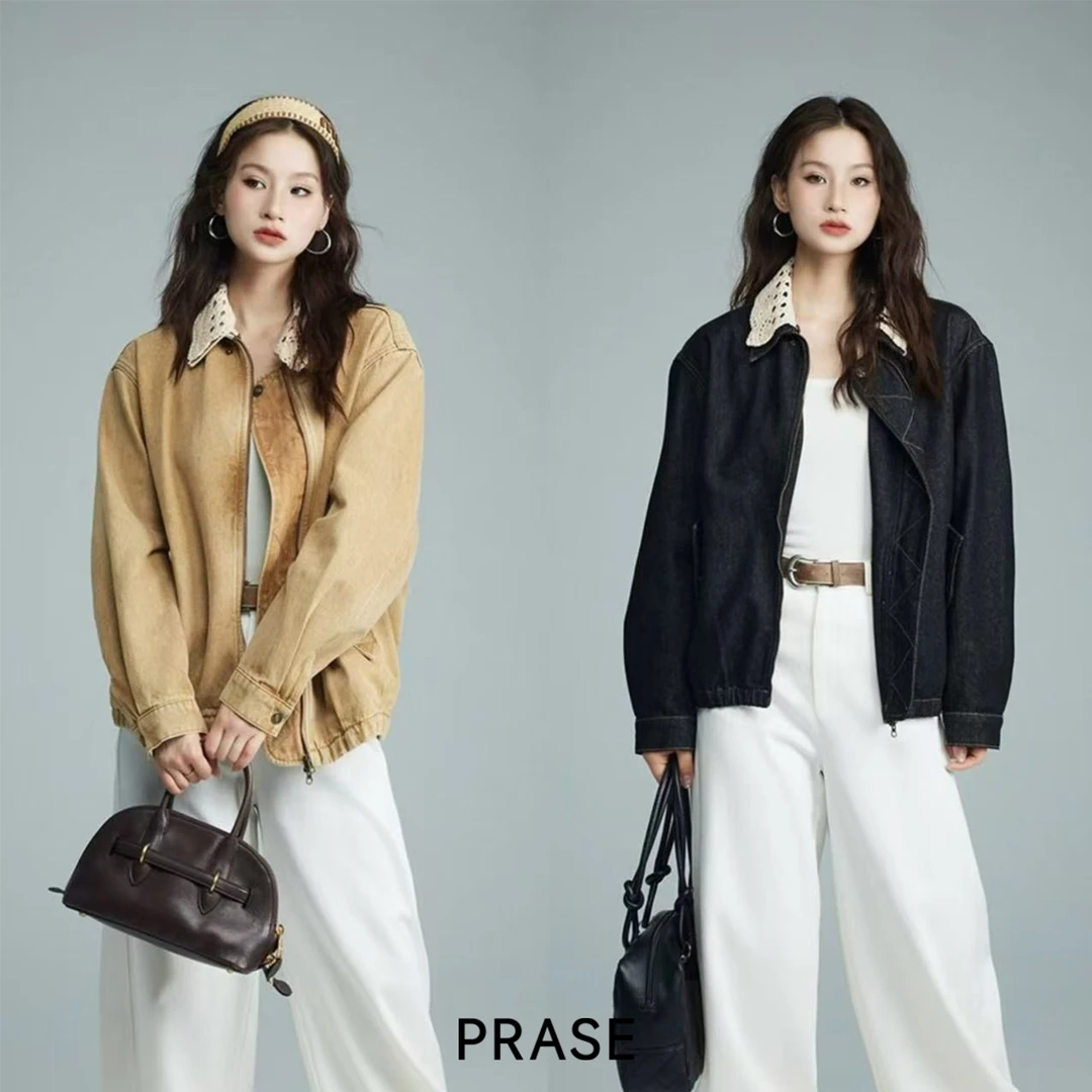 PRASE·噜【褪色日记】微胖轻奢设计款秋时尚针织领牛仔外套PR508E20