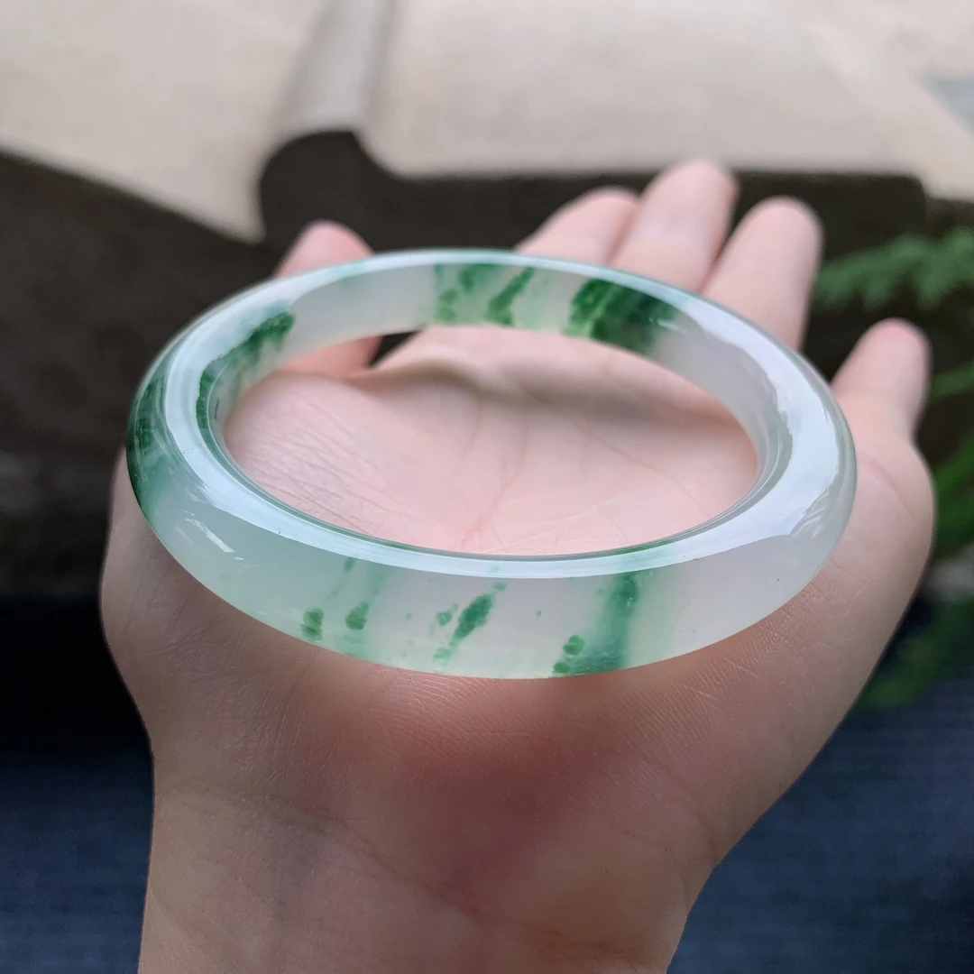 天然A货翡翠玉手镯圈口53正圈冰种起荧光飘花 AC10071555