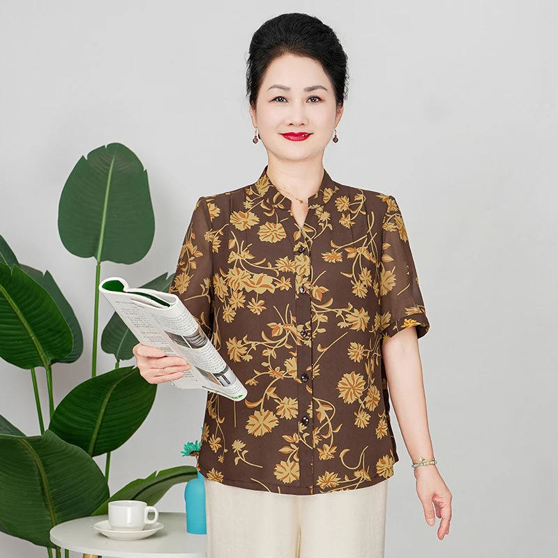 V/雅鹿胖妈妈女装夏季洋气大码宽松短袖印花薄款中老年B3698