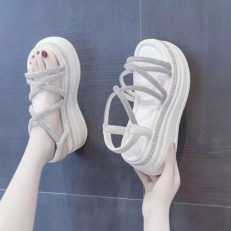 罗马凉鞋女2025年新款百搭厚底增高显瘦水钻百搭女鞋一字带扣鞋子