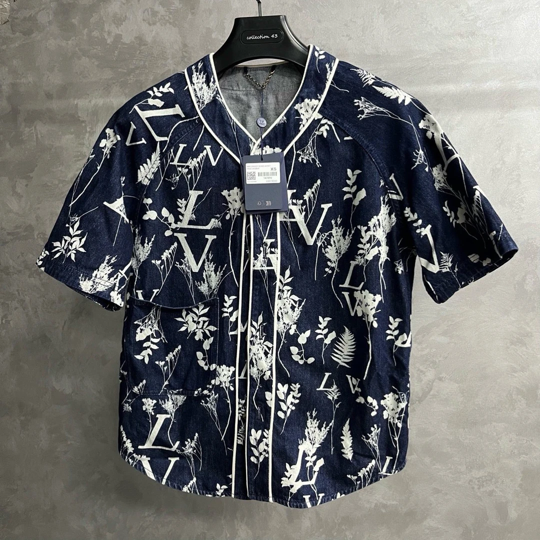 99新 LouisVuitton/路易威登 深蓝色麦穗印花牛仔经典短袖衬衫/xs
