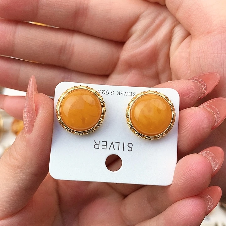 蜜蜡耳饰银S925镶嵌耳饰