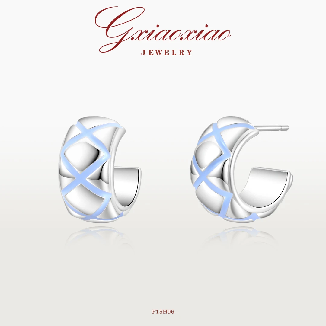 G XIAOXIAO 镀K金 法式气质高级百搭蓝色格纹耳环 F15H96