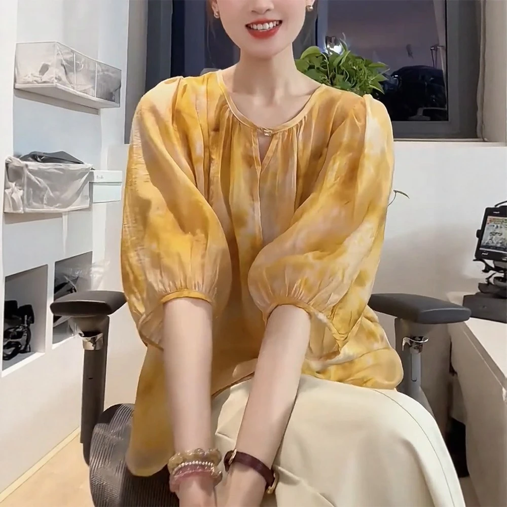 温柔系甜美轻奢新款年夏季大码女装晕染镂空薄款套头中袖衬衫