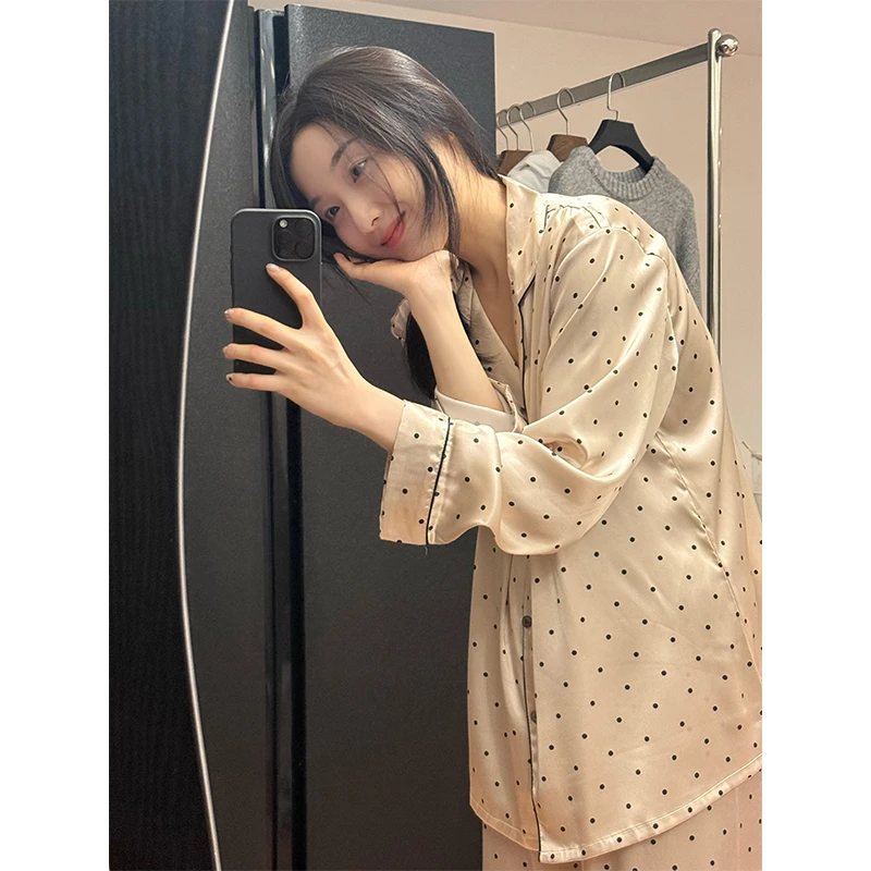 韩版高级设计感波点印花缎面冰丝睡衣女春秋款2025新款家居服套装
