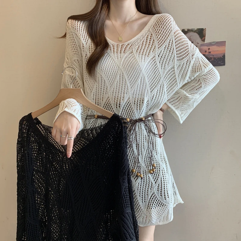 大码设计感法式腰带针织衫女2025胖MM春夏不规则时尚显瘦镂空罩衫