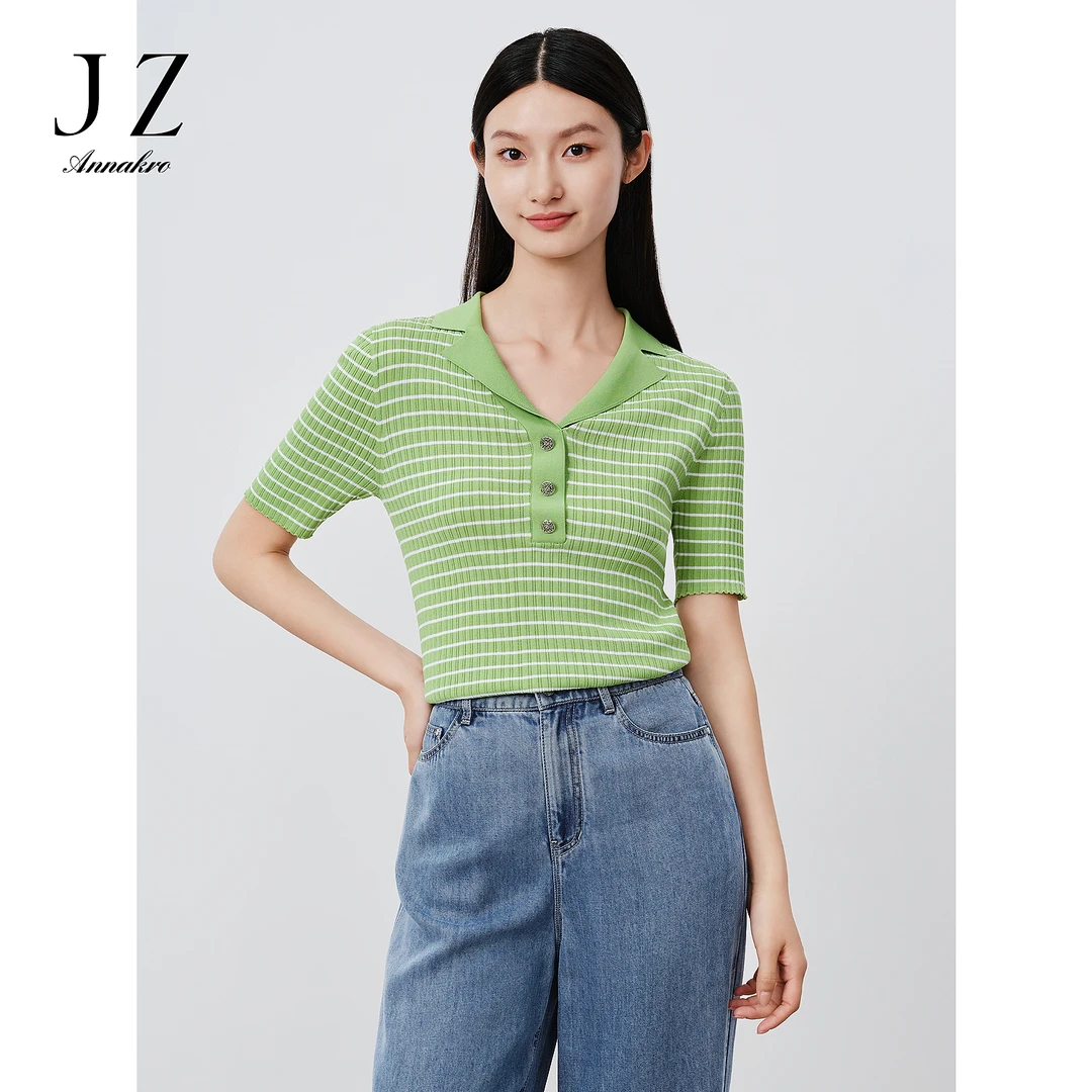 【羊羊专属】商场同JZ玖姿JWDX31215翻领条纹针织衫夏修身短