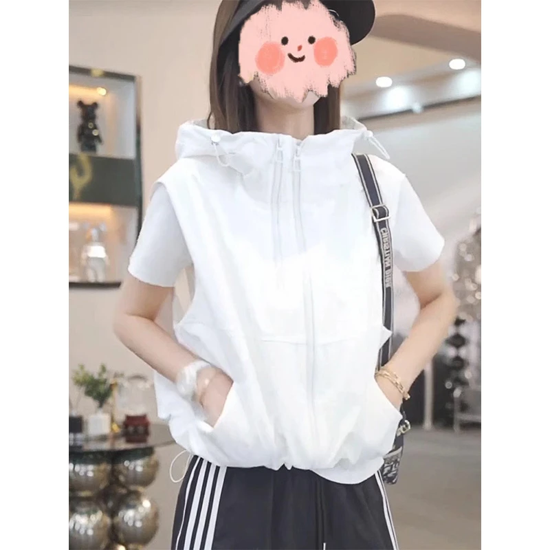薄款连帽马甲女背心2025夏新款宽松休闲无袖户外工装马夹防晒外套