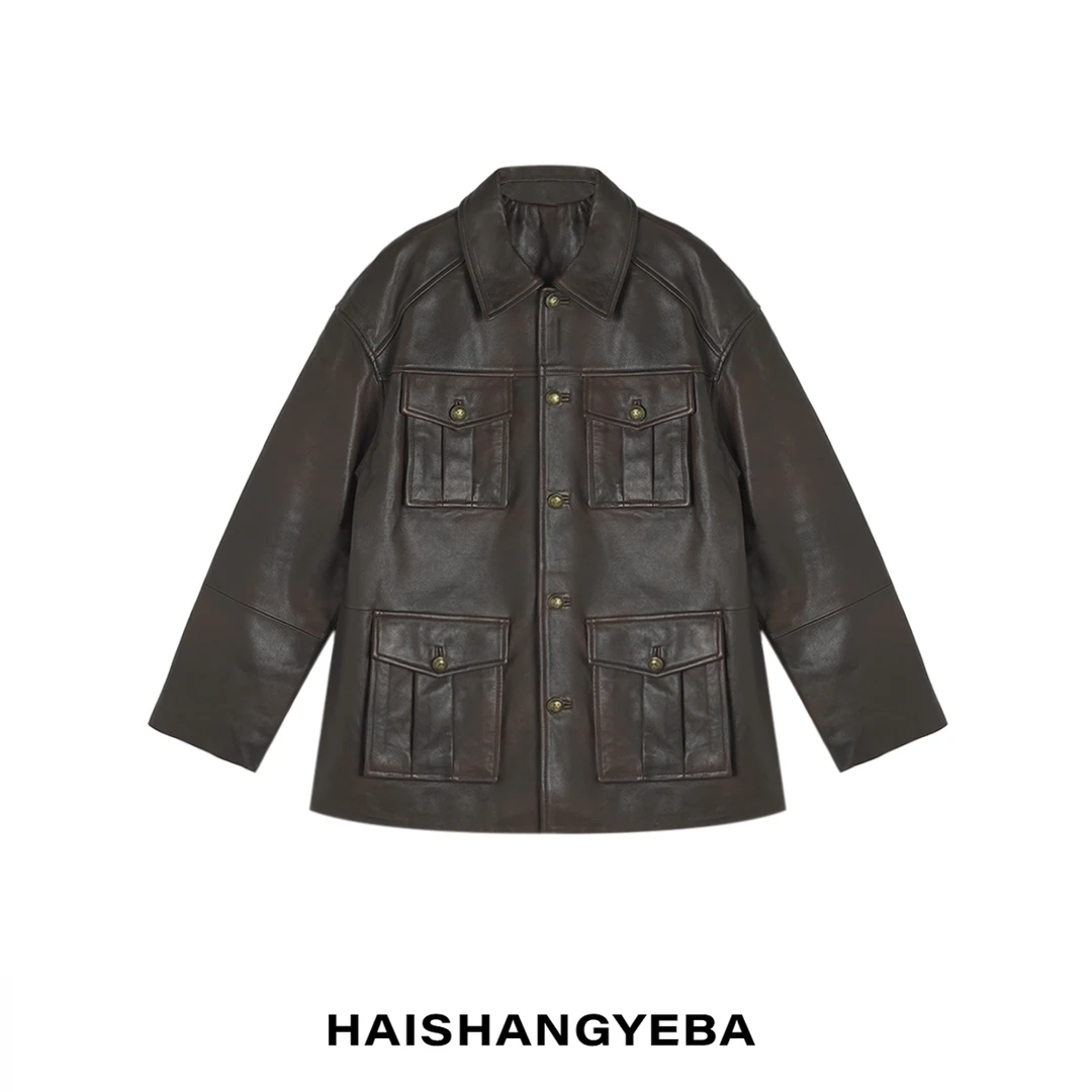【海上叶爸】新款2024秋冬百搭羊皮宽松翻领四口袋多扣长袖皮外套