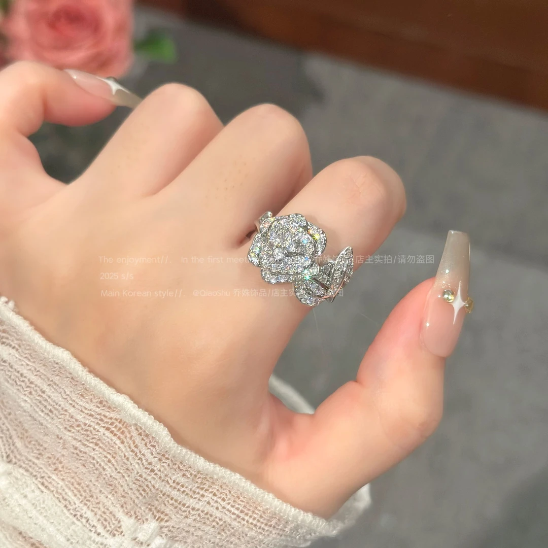 铜合金合成锆石戒指 C486 闪皓玫瑰花开口戒指轻奢复古精致百搭款