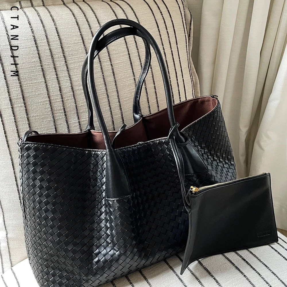 CTANDJIM老钱风小羊皮编织托特包 花园包 手拎包 黑色羊皮手提包