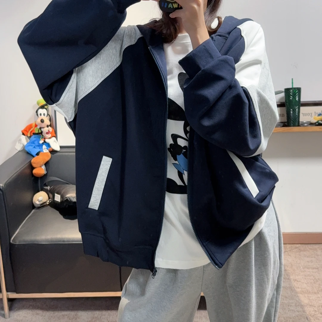 2025新款超洋气藏青色拼色插肩袖连帽外套女宽松显瘦减龄百搭高级