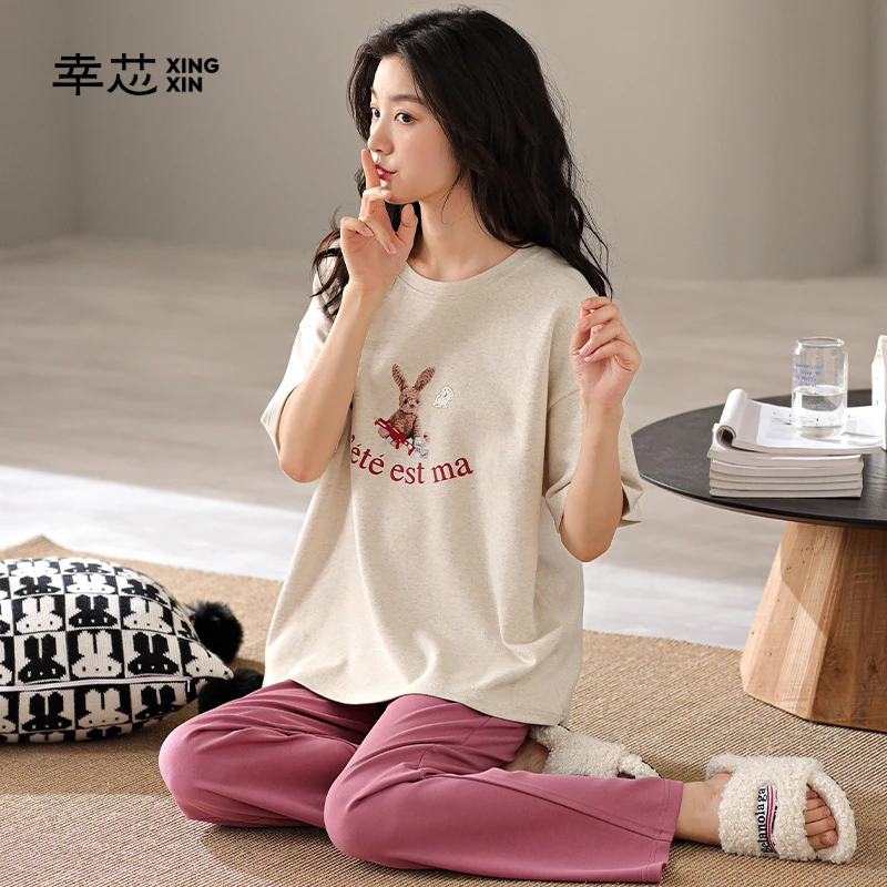 幸芯睡衣女式夏季薄款纯棉短袖长裤圆领带胸垫家居服简约休闲