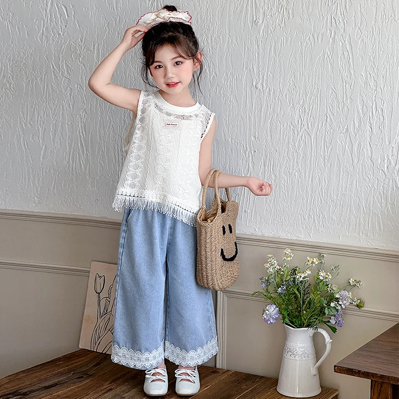 女童夏装套装2025新款儿童无袖镂空针织衫小孩网红三件套洋气衣服