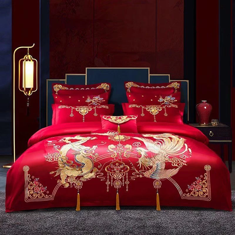 （一见钟情）结婚全棉婚庆四件套纯棉床上用品多件套中式婚房绣花