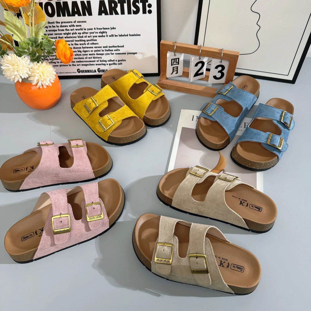 【退货补运费】复古博肯搭扣厚底松糕拖鞋女韩版拖沙滩拖凉拖001