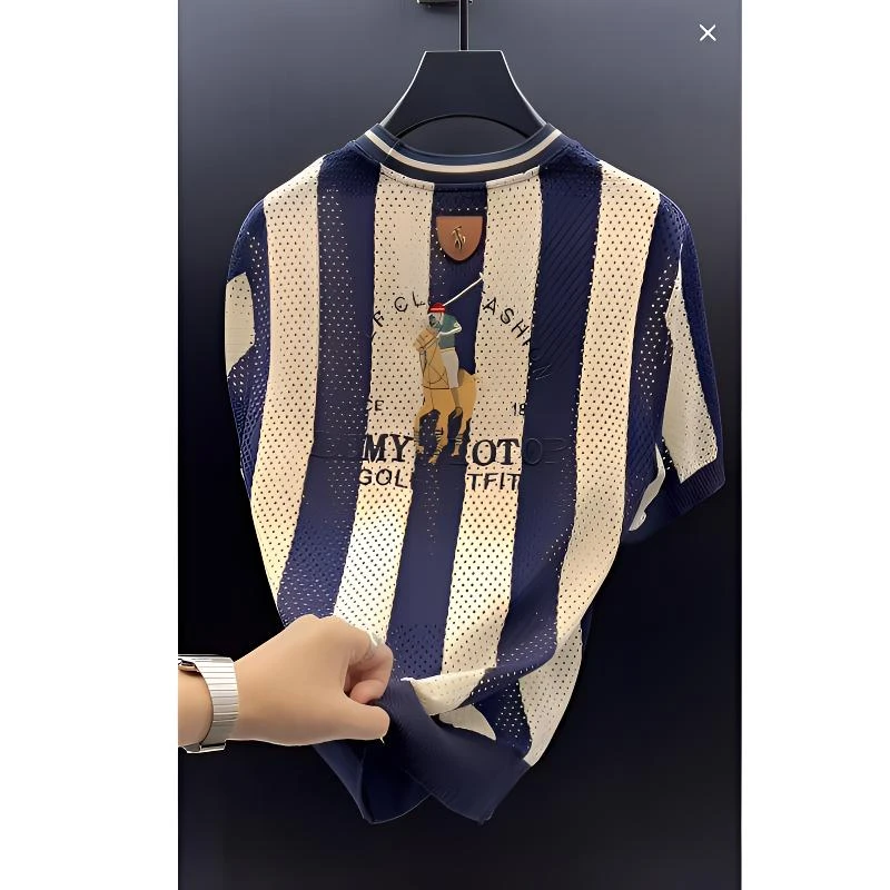 欧洲站轻奢高定男装上衣2025夏季新款轻奢设计感条纹休闲短袖T恤