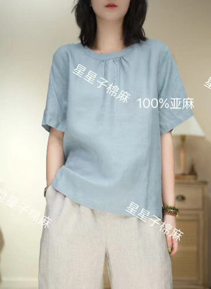 纯亚麻夏季休闲时尚圆领女士百搭纯色T恤66171