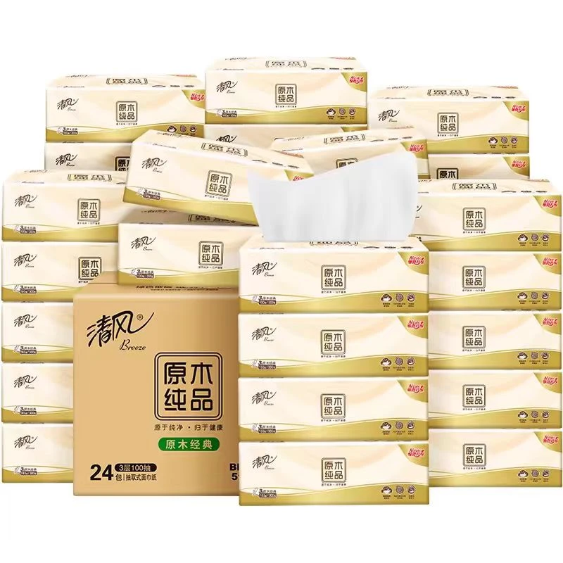 清风原木纯品抽面巾纸纸整箱100抽24箱