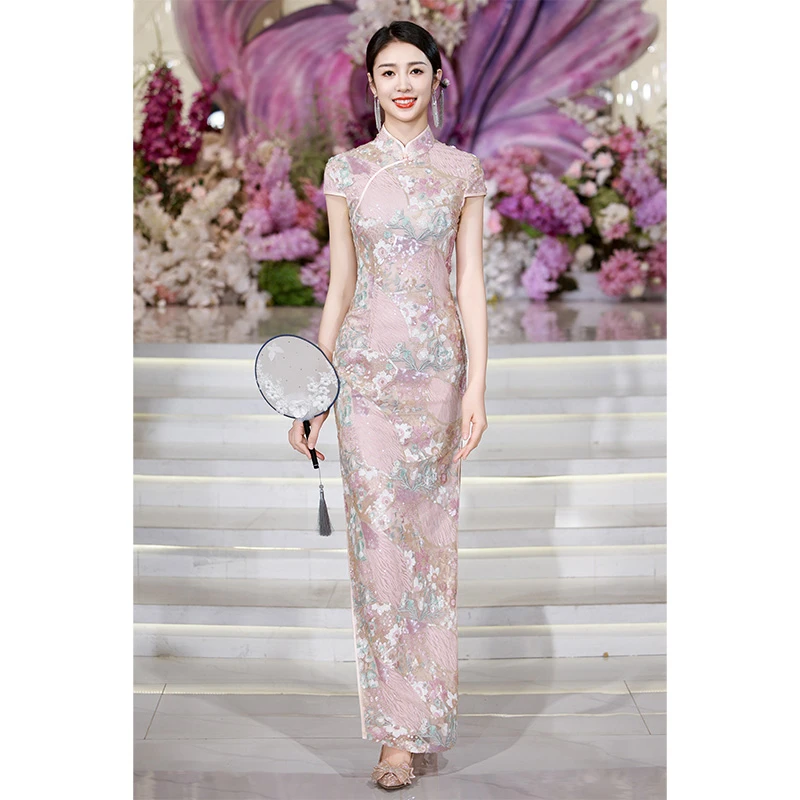 蔓萝澜高端重工刺绣粉色亮片绣花2025年新款走秀旗袍复古长款礼服
