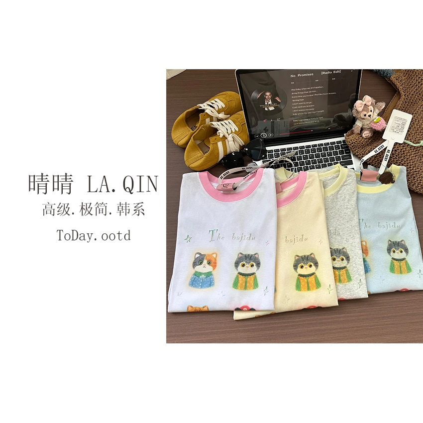 晴晴家-【微风情书】夏季韩系百搭卡通猫咪字母撞色短袖T恤950
