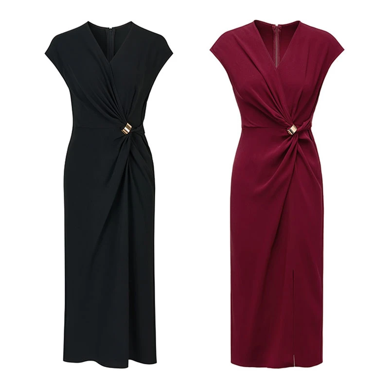 高级感醋酸连衣裙2025夏季新款V领收腰轻奢气质显瘦裙子LYQ5218