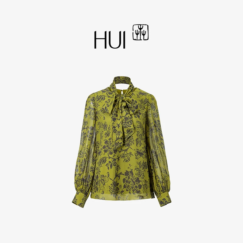 【可可专属】HUI卉100%桑蚕丝高精密印染莲瓣联蝶团花设计飘带衬衫