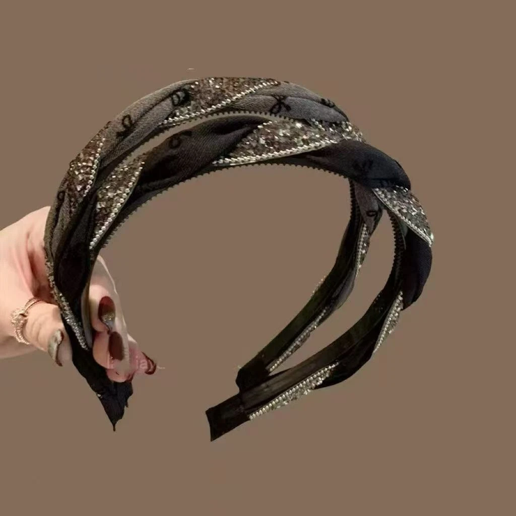 法式复古轻奢布条拼接水钻蝴蝶结扭结发箍防滑带齿简约气质发箍