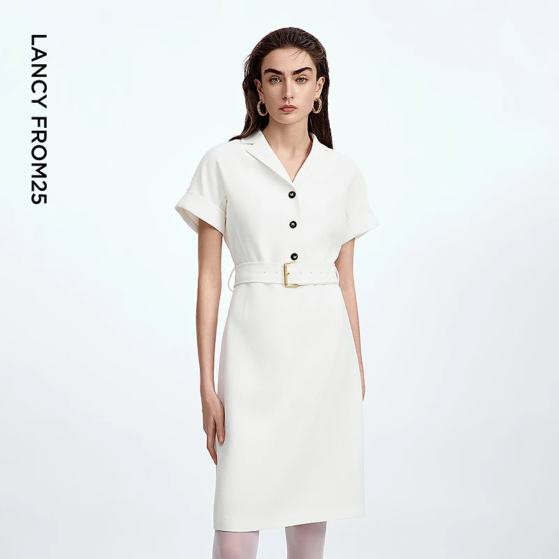 朗姿二醋酸复古风西装领连衣裙收腰通勤高级感气质2025年秋季新款