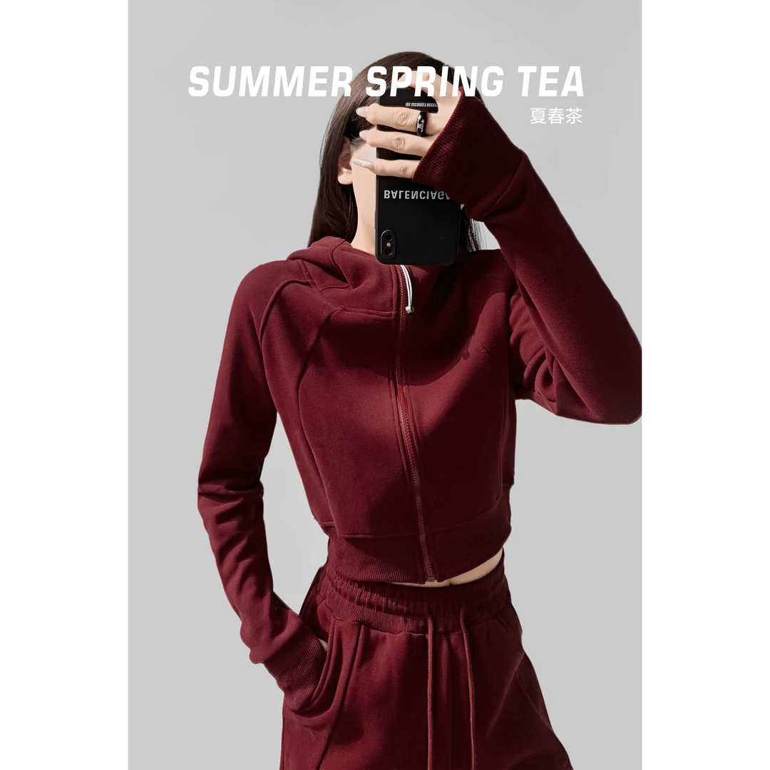 夏春茶版纯欲加绒连帽拉链卫衣外套女秋冬显瘦修身连帽拉链卫衣女