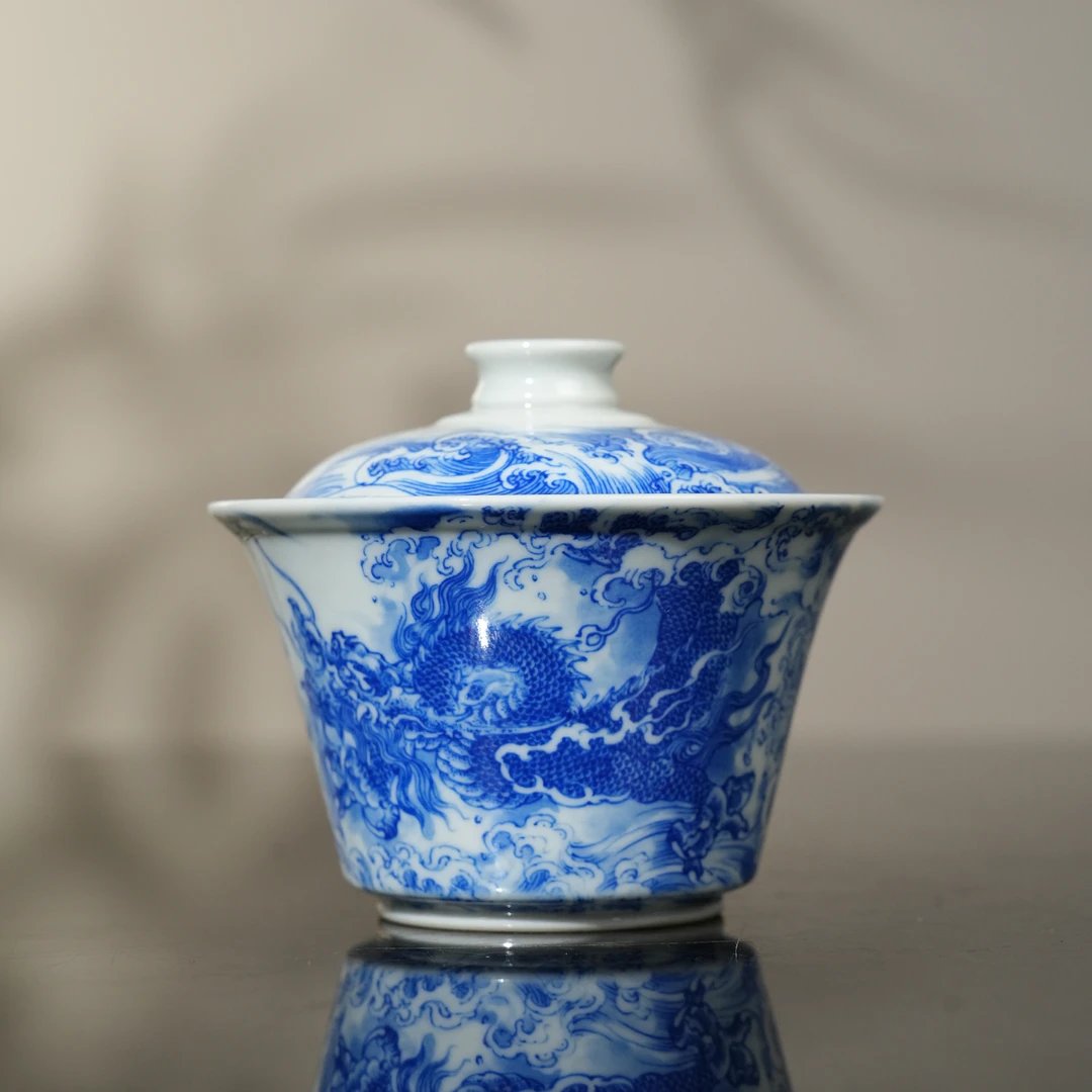 谷子窑龙纹二才盖碗120ml 全手工手绘高端陶瓷送礼茶器茶碗