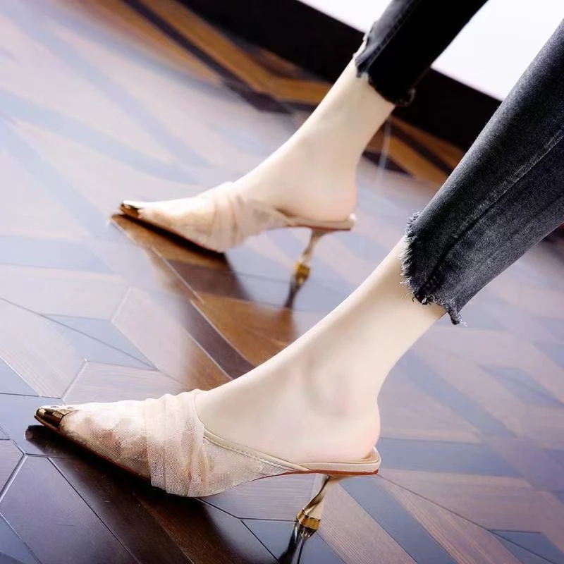 蕾丝网纱包头半拖女外穿2025新款夏季尖头韩版高跟凉拖一字拖鞋